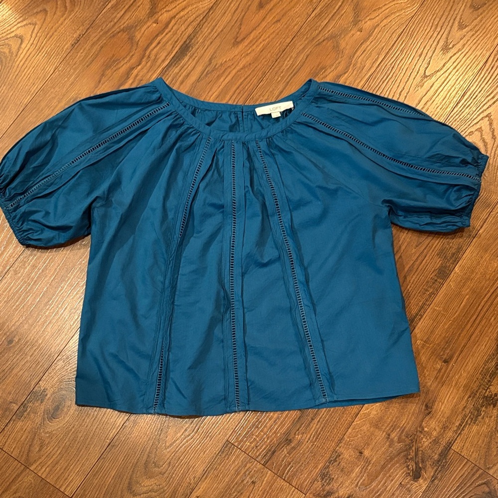 LOFT Teal Blouse with Puff Sleeves